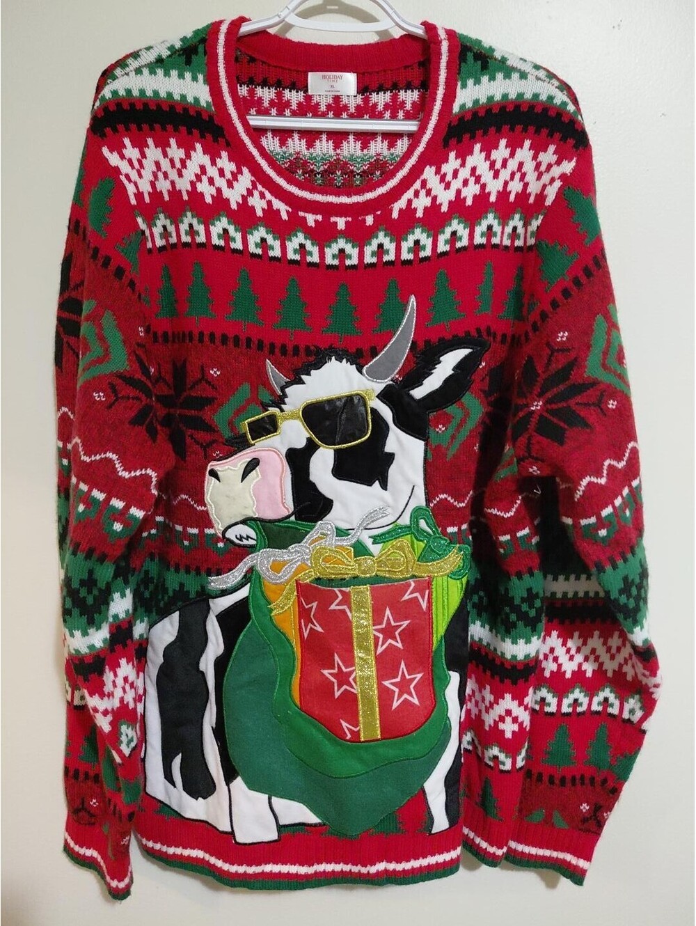 Holiday Time XL Ugly Christmas Sweater Highland Cow Gift Present Red Green